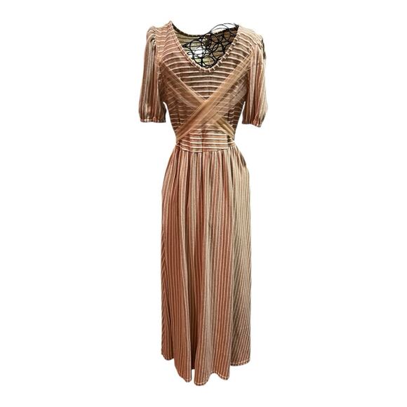 Cottagecore Coastal Neutral Feminine striped wrap puffed sleeves Maxi dress L - Picture 5 of 16